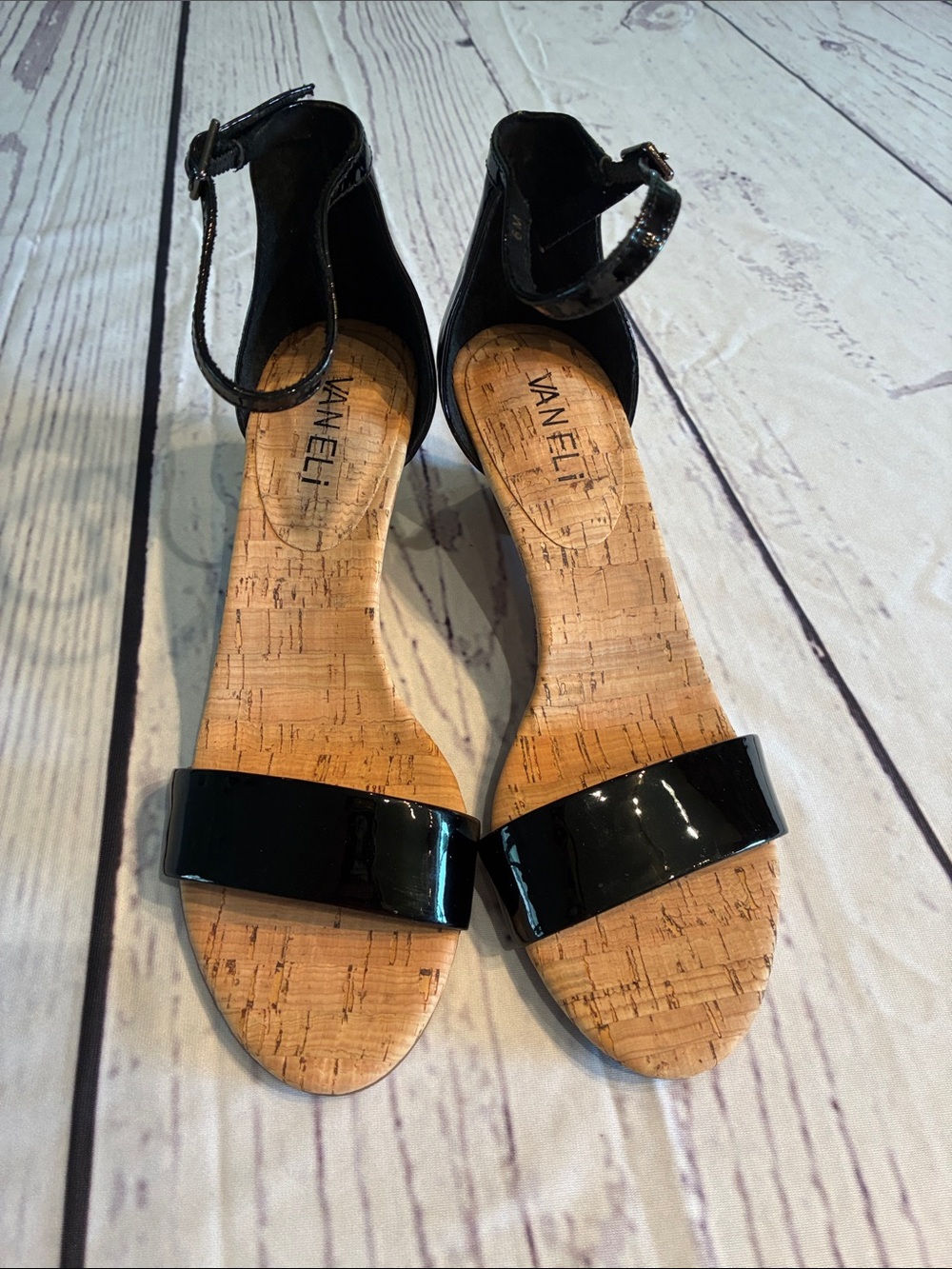 Vaneli Black Patent Cork Ankle-Strap Sandals